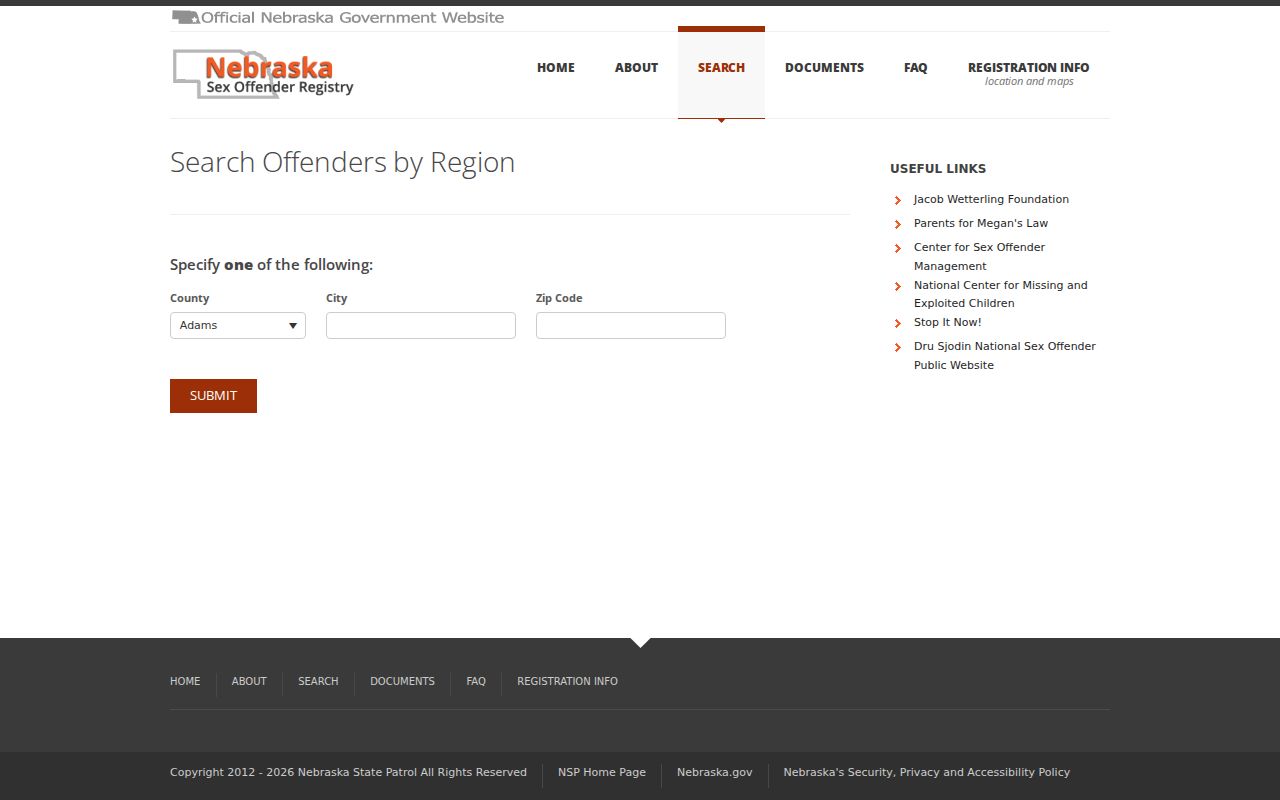 Clay County sex offender registry region search form